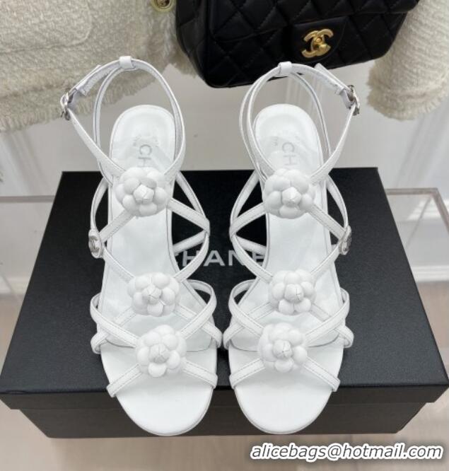 Stylish Chanel Calfskin Heel Sandals with Camellia Bloom White 020797