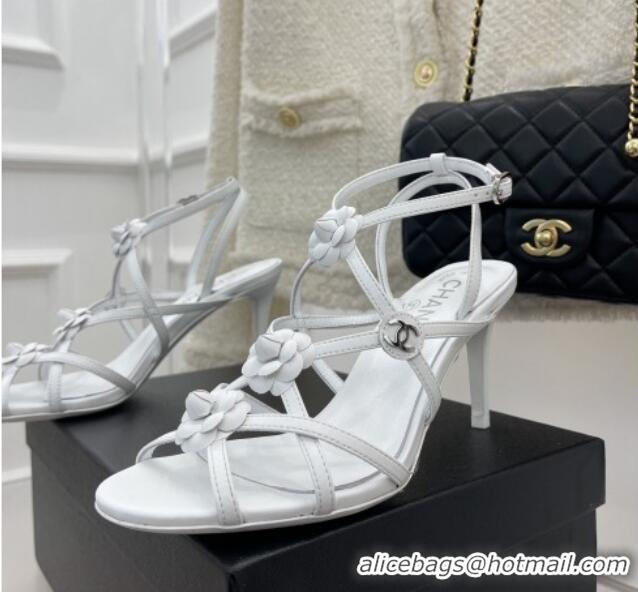 Stylish Chanel Calfskin Heel Sandals with Camellia Bloom White 020797