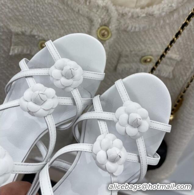 Stylish Chanel Calfskin Heel Sandals with Camellia Bloom White 020797