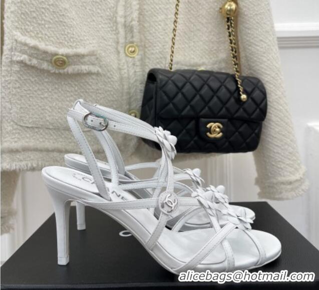 Stylish Chanel Calfskin Heel Sandals with Camellia Bloom White 020797