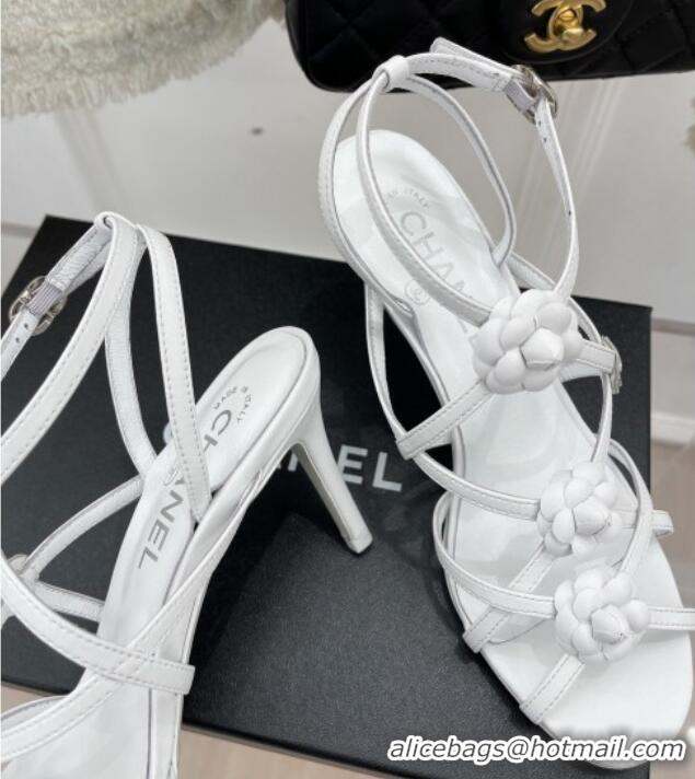 Stylish Chanel Calfskin Heel Sandals with Camellia Bloom White 020797