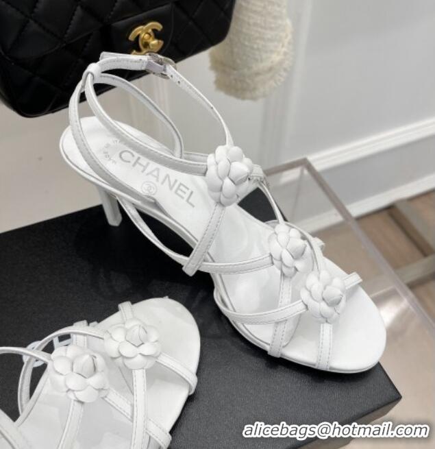 Stylish Chanel Calfskin Heel Sandals with Camellia Bloom White 020797