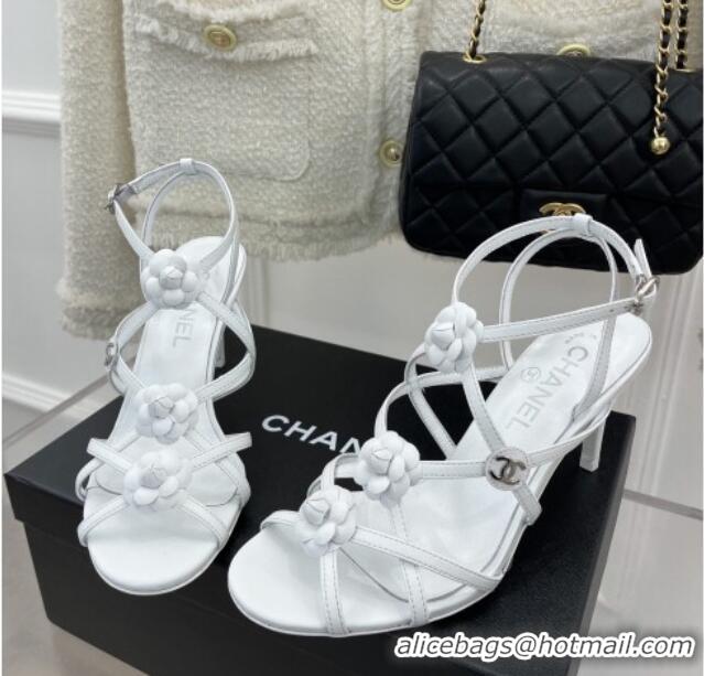 Stylish Chanel Calfskin Heel Sandals with Camellia Bloom White 020797