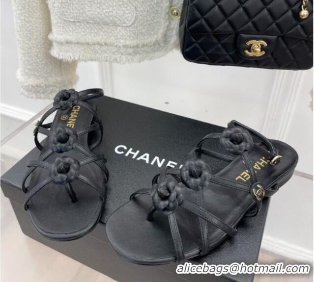 Luxury Chanel Calfskin Flat Sandals with Camellia Bloom Black 020798