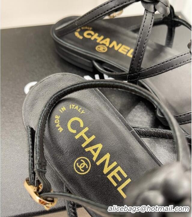 Luxury Chanel Calfskin Flat Sandals with Camellia Bloom Black 020798