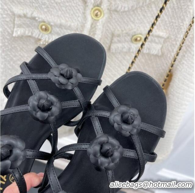 Luxury Chanel Calfskin Flat Sandals with Camellia Bloom Black 020798