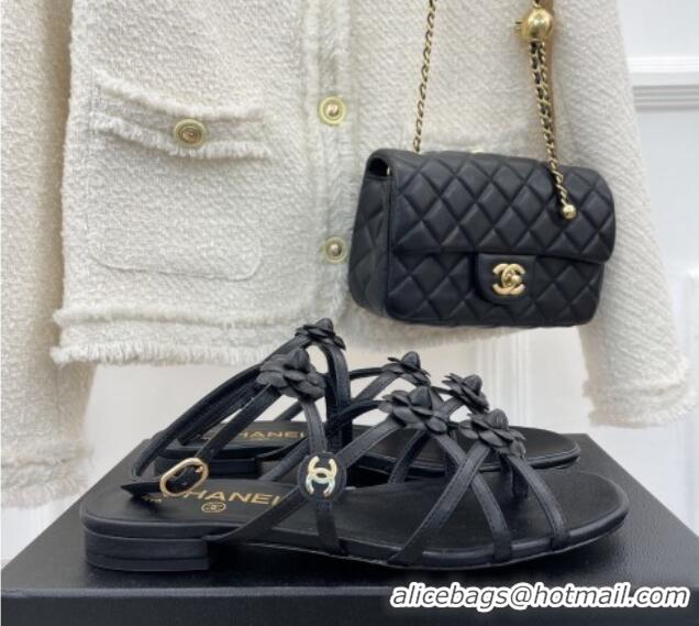 Luxury Chanel Calfskin Flat Sandals with Camellia Bloom Black 020798