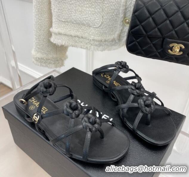 Luxury Chanel Calfskin Flat Sandals with Camellia Bloom Black 020798