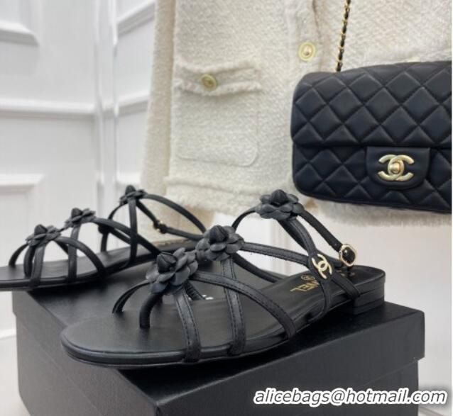 Luxury Chanel Calfskin Flat Sandals with Camellia Bloom Black 020798