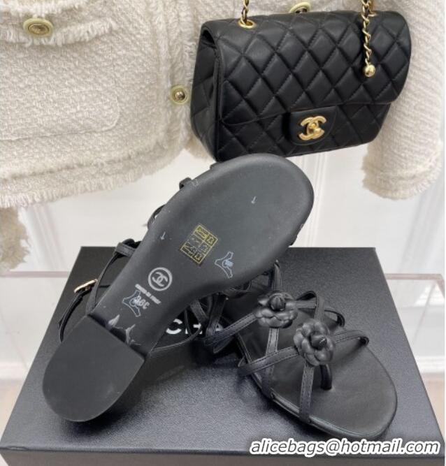 Luxury Chanel Calfskin Flat Sandals with Camellia Bloom Black 020798