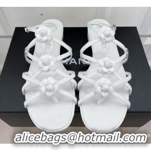 Durable Chanel Calfskin Flat Sandals with Camellia Bloom White 020799