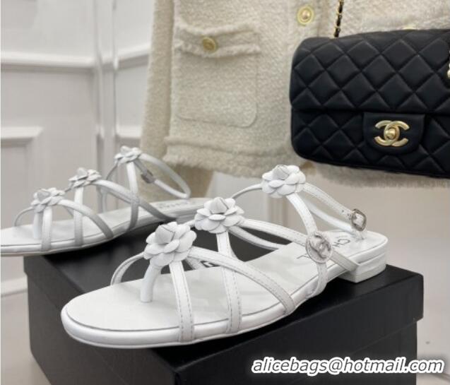 Durable Chanel Calfskin Flat Sandals with Camellia Bloom White 020799