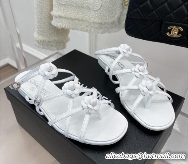 Durable Chanel Calfskin Flat Sandals with Camellia Bloom White 020799