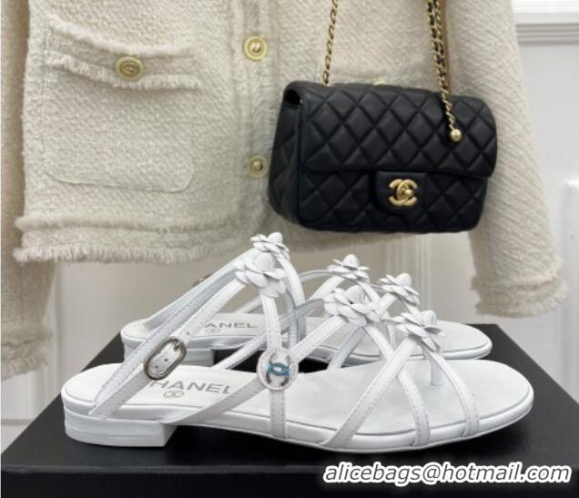 Durable Chanel Calfskin Flat Sandals with Camellia Bloom White 020799