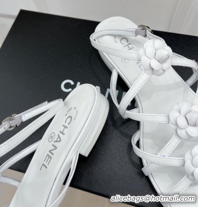 Durable Chanel Calfskin Flat Sandals with Camellia Bloom White 020799