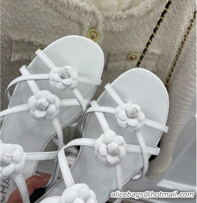 Durable Chanel Calfskin Flat Sandals with Camellia Bloom White 020799