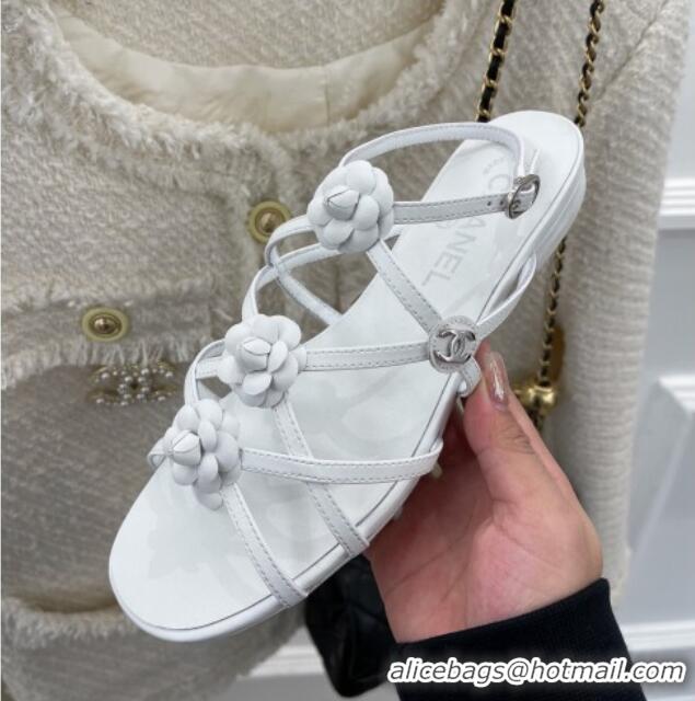 Durable Chanel Calfskin Flat Sandals with Camellia Bloom White 020799