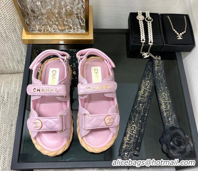 Unique Style Chanel Quilted Lambskin Strap Flat Sandals G35927 Pink 207100