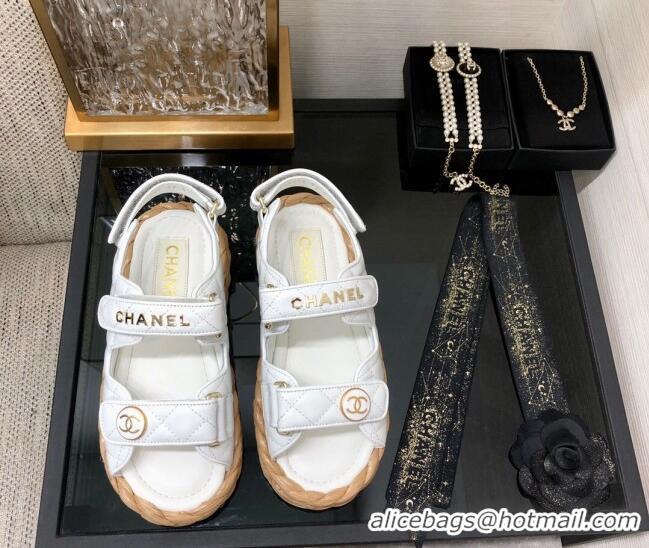 Good Quality Chanel Quilted Lambskin Strap Flat Sandals G35927 White 207101