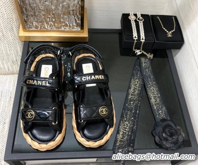 Good Looking Chanel Quilted Lambskin Strap Flat Sandals G35927 Black 207103