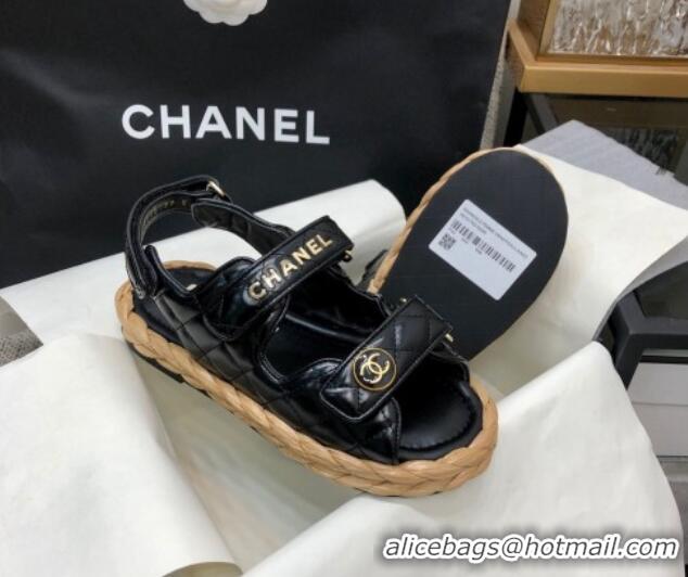 Good Looking Chanel Quilted Lambskin Strap Flat Sandals G35927 Black 207103