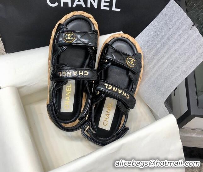 Good Looking Chanel Quilted Lambskin Strap Flat Sandals G35927 Black 207103