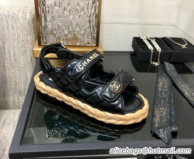 Good Looking Chanel Quilted Lambskin Strap Flat Sandals G35927 Black 207103