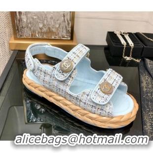 Luxury Discount Chanel Tweed Strap Flat Sandals G35927 Blue 207108