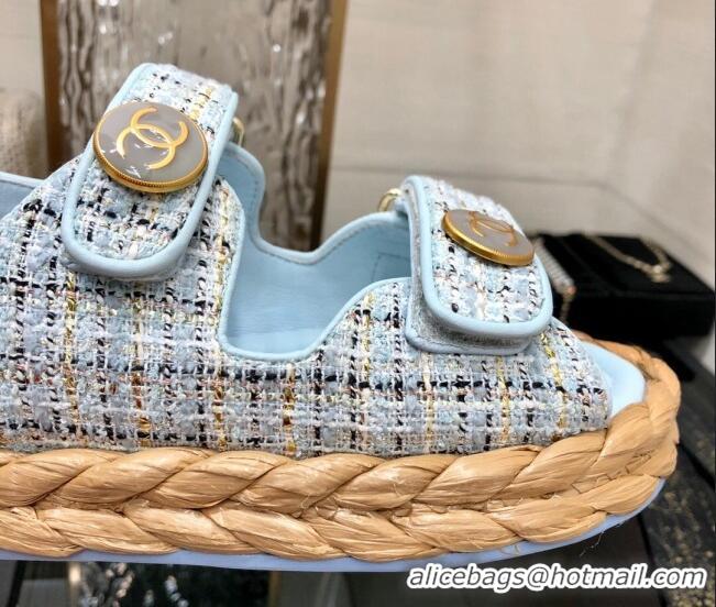 Luxury Discount Chanel Tweed Strap Flat Sandals G35927 Blue 207108