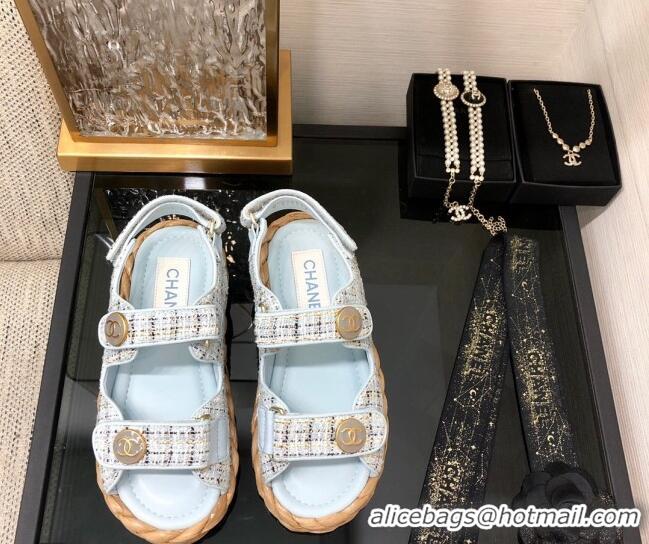 Luxury Discount Chanel Tweed Strap Flat Sandals G35927 Blue 207108