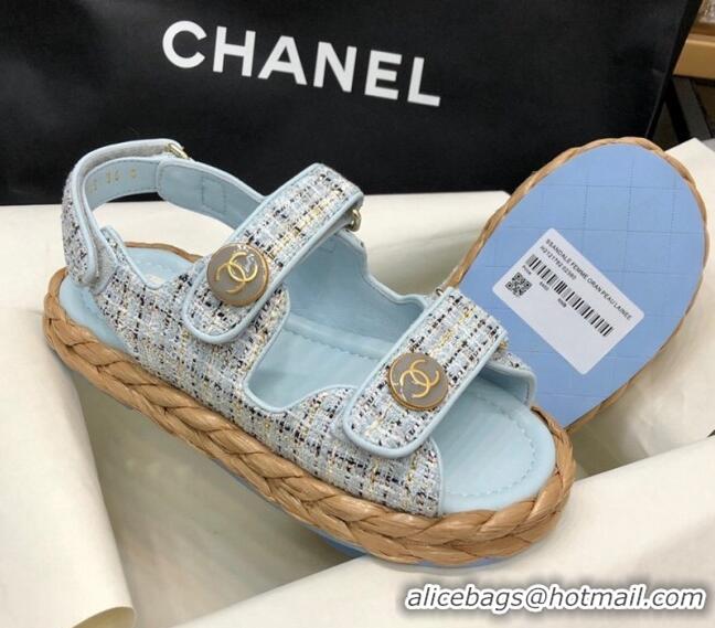 Luxury Discount Chanel Tweed Strap Flat Sandals G35927 Blue 207108