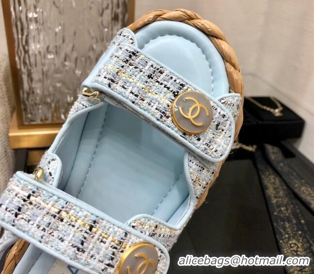 Luxury Discount Chanel Tweed Strap Flat Sandals G35927 Blue 207108