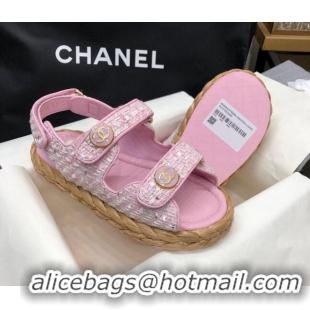 Best Price Chanel Tweed Strap Flat Sandals G35927 Pink 207107