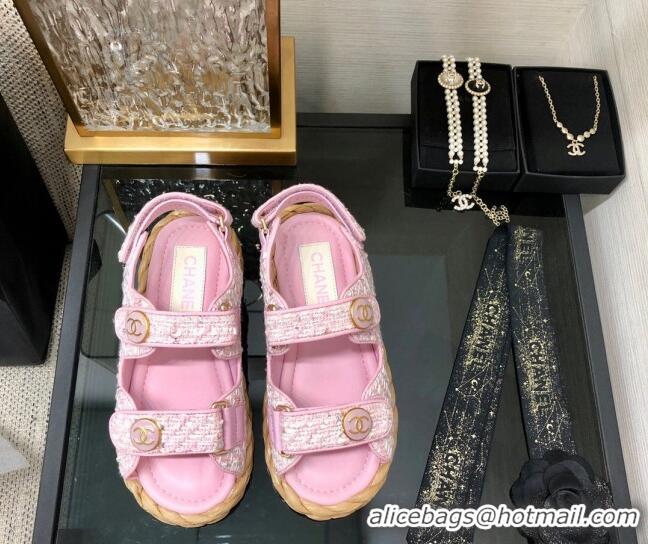 Best Price Chanel Tweed Strap Flat Sandals G35927 Pink 207107