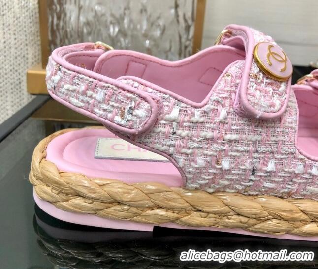 Best Price Chanel Tweed Strap Flat Sandals G35927 Pink 207107