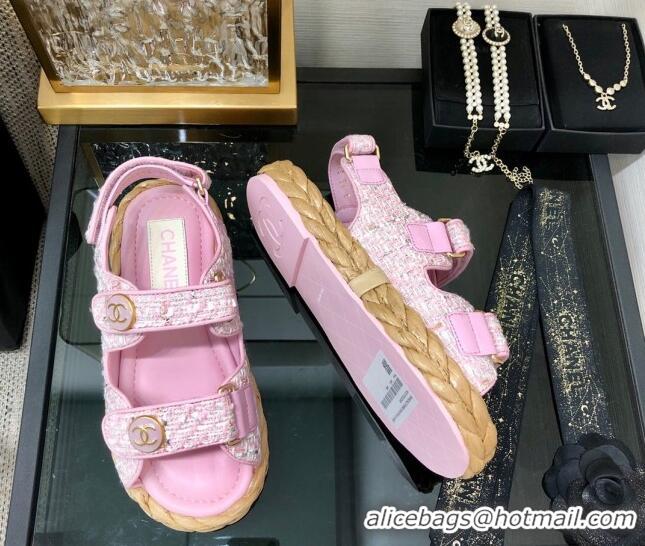 Best Price Chanel Tweed Strap Flat Sandals G35927 Pink 207107