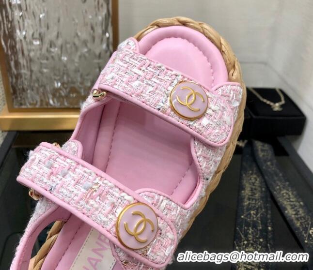 Best Price Chanel Tweed Strap Flat Sandals G35927 Pink 207107