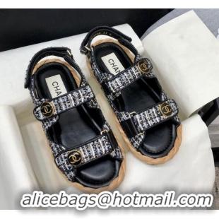 Stylish Chanel Tweed Strap Flat Sandals G35927 Black 0207106