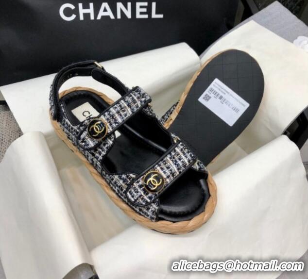 Stylish Chanel Tweed Strap Flat Sandals G35927 Black 0207106