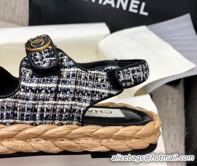 Stylish Chanel Tweed Strap Flat Sandals G35927 Black 0207106