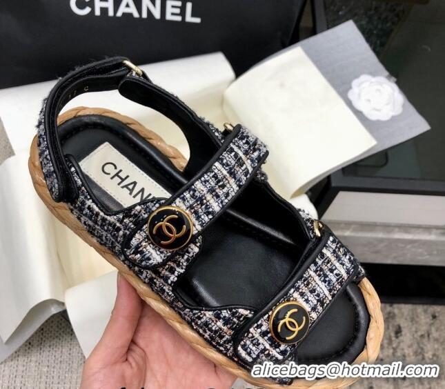 Stylish Chanel Tweed Strap Flat Sandals G35927 Black 0207106