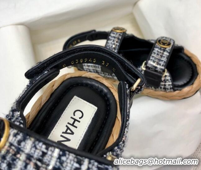 Stylish Chanel Tweed Strap Flat Sandals G35927 Black 0207106