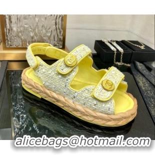 Good Quality Chanel Tweed Strap Flat Sandals G35927 Yellow 207109