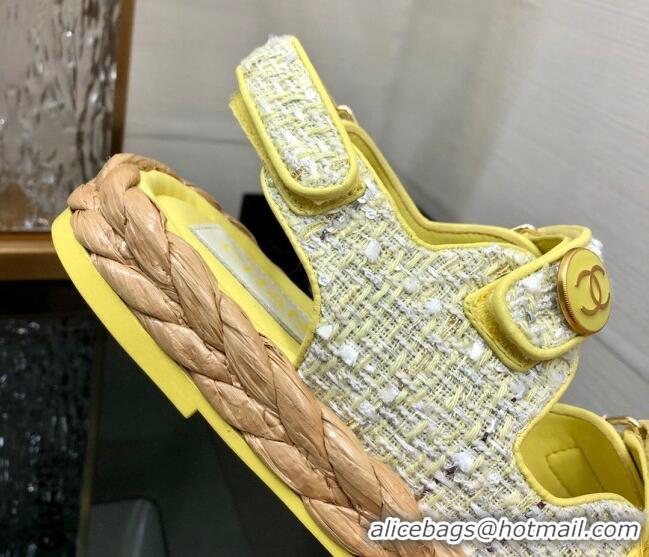 Good Quality Chanel Tweed Strap Flat Sandals G35927 Yellow 207109