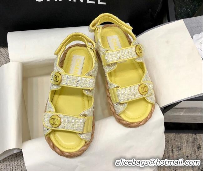 Good Quality Chanel Tweed Strap Flat Sandals G35927 Yellow 207109