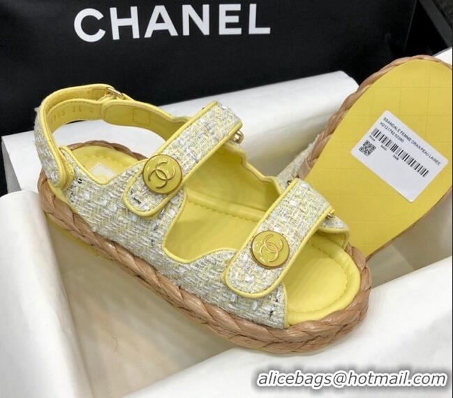 Good Quality Chanel Tweed Strap Flat Sandals G35927 Yellow 207109