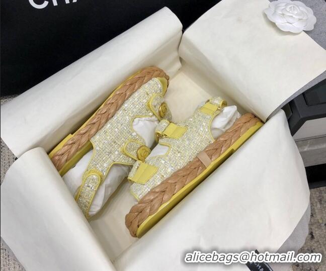 Good Quality Chanel Tweed Strap Flat Sandals G35927 Yellow 207109