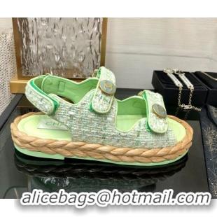 Sophisticated Chanel Tweed Strap Flat Sandals G35927 Green 0207110