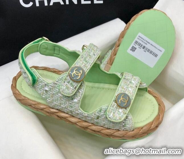 Sophisticated Chanel Tweed Strap Flat Sandals G35927 Green 0207110