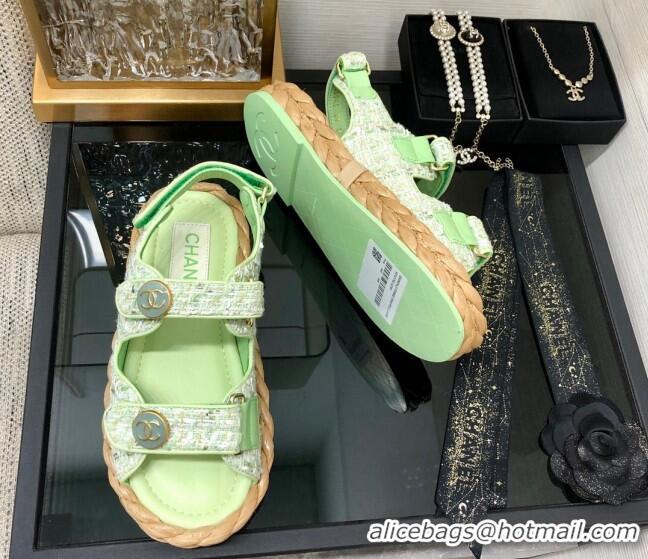 Sophisticated Chanel Tweed Strap Flat Sandals G35927 Green 0207110